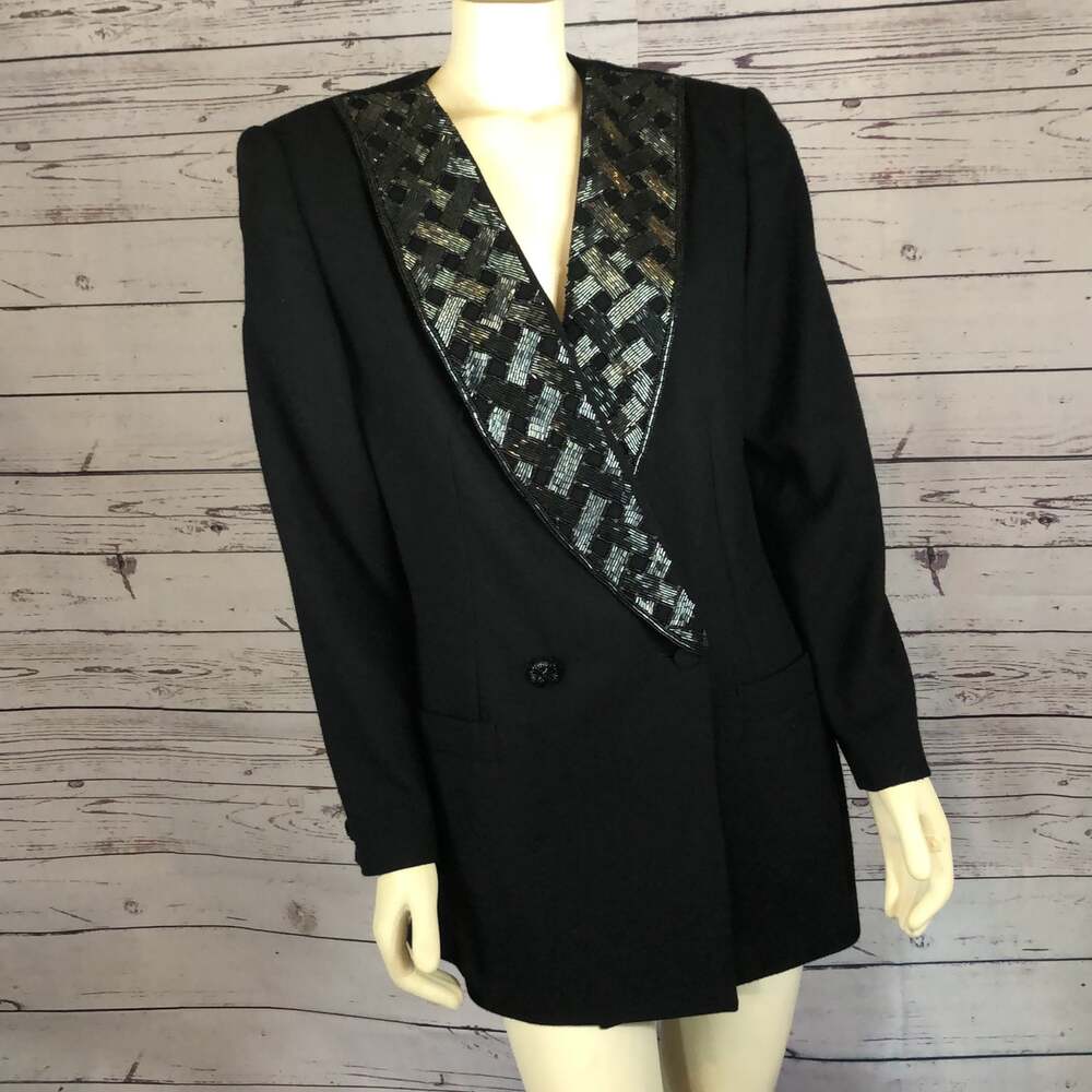 1980s–90s Vintage John Meyer of Norwich Black Beaded Shawl Collar Blazer large - Picture 13 of 13